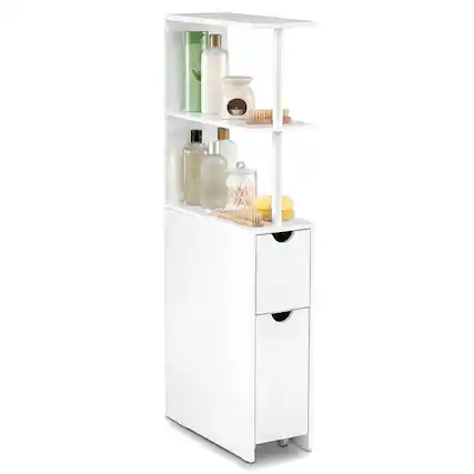Front. Costway - Costway Slim Storage Cabinet with Open Shelves Pull-out Drawer & Slide-out Cart for Kitchen - White.