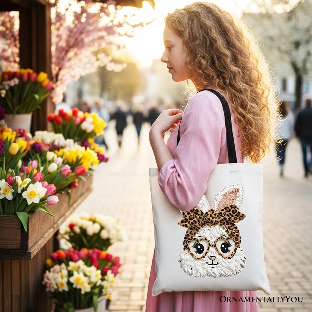Left. OrnamentallyYou - Easter Bunny Leopard Bow Tote Bag, Coquette Printed Faux Embroidery Girly Spring Gift Shopper - White Black.