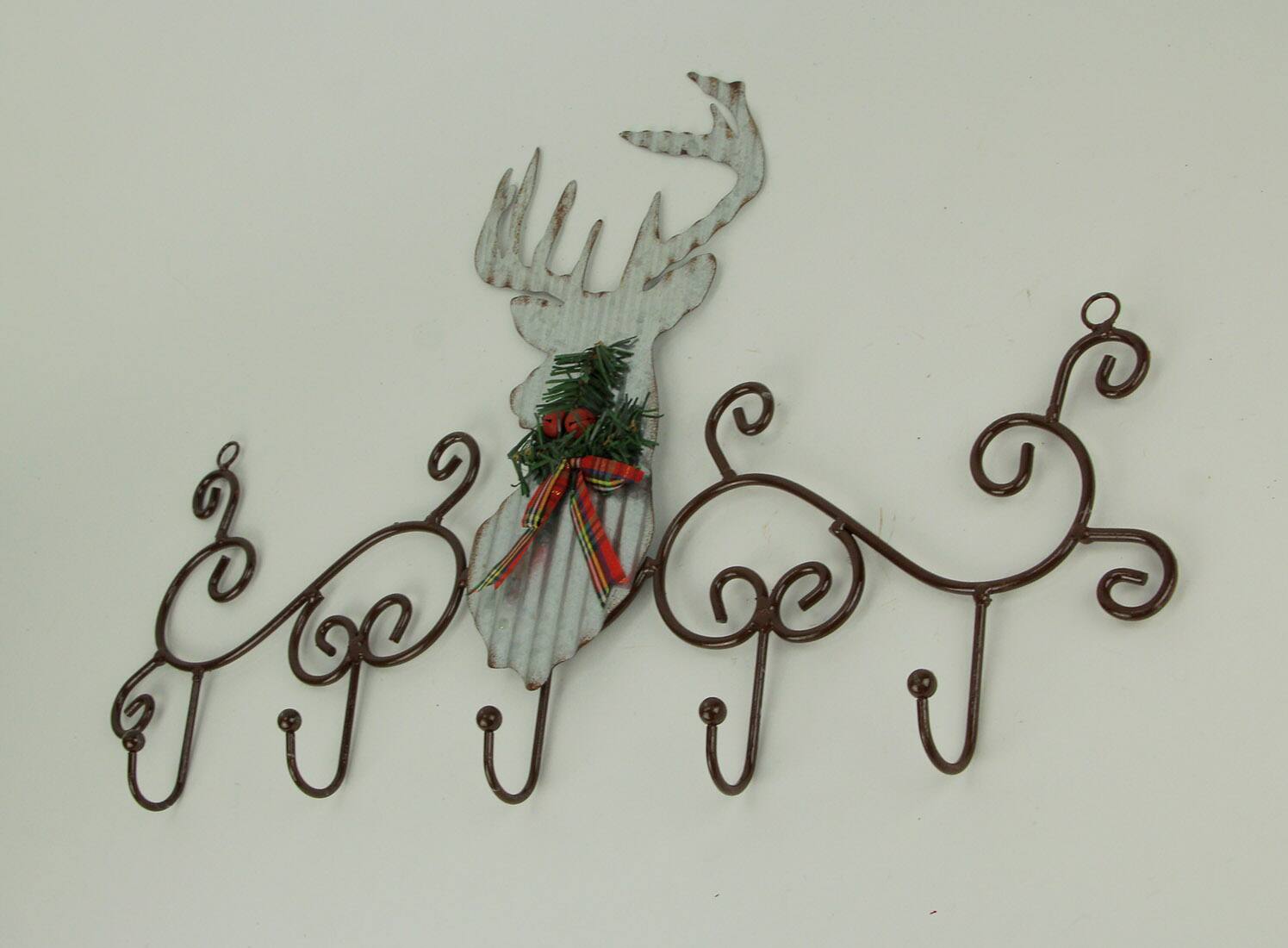 Alt View 1. Zeckos - Metal Art Scroll Rustic Deer with Pine and Bow Wall Hook Rack - Gray.