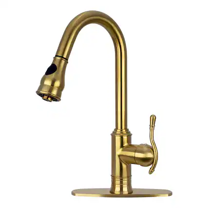 Front. Akicon - Akicon Solid Brass Single Handle Kitchen Faucet with Pull Down Sprayer in Brushed Gold - Brushed Gold.