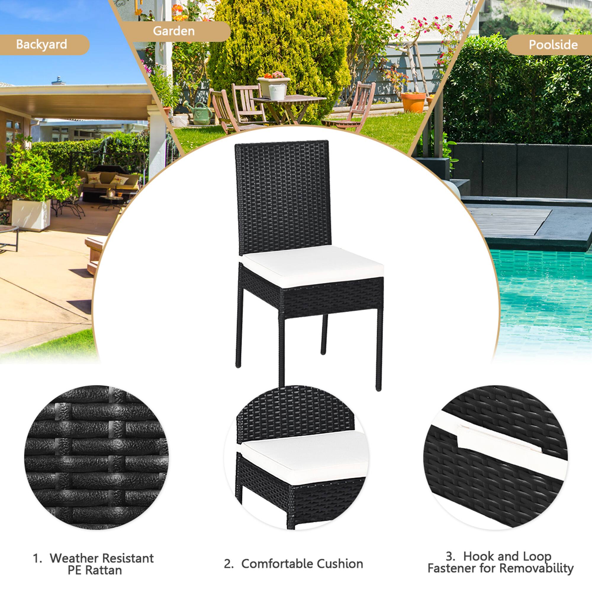 1. Weather Resistant PE Rattan  
2. Comfortable Cushion  
3. Hook and Loop Fastener for Removability