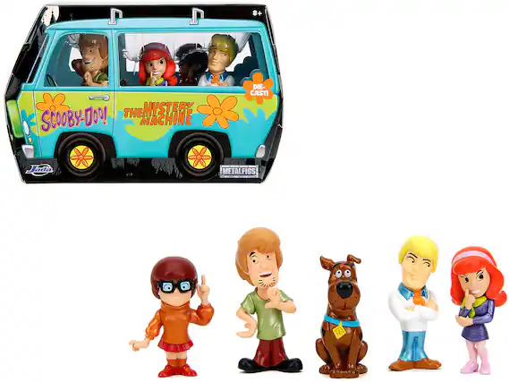 Sure, here is the corrected and grouped text from the image:
---
**Top Left:**
- "8+"
**Top Center:**
- "THE MYSTERY MACHINE"
**Top Right:**
- "DIE-CAST!"
**Middle Left:**
- "SCOOBY-DOO!"
**Middle Right:**
- "METALFIGS"
**Bottom Left:**
- "Jada"
**Bottom Right:**
- "VIP"
---