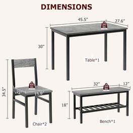 Homhougo - Dining Table Set for 4, Modern Table with 2 Chairs and Bench, Metal Frame - Gray