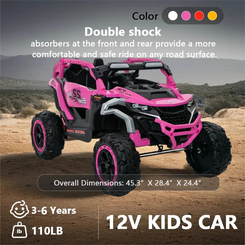 Double shock absorbers at the front and rear provide a more comfortable and safe ride on any road surface.

Color: [Pink, Red, Yellow]

Overall Dimensions: 45.3" X 28.4" X 24.4"

12V KIDS CAR

3-6 Years

110LB