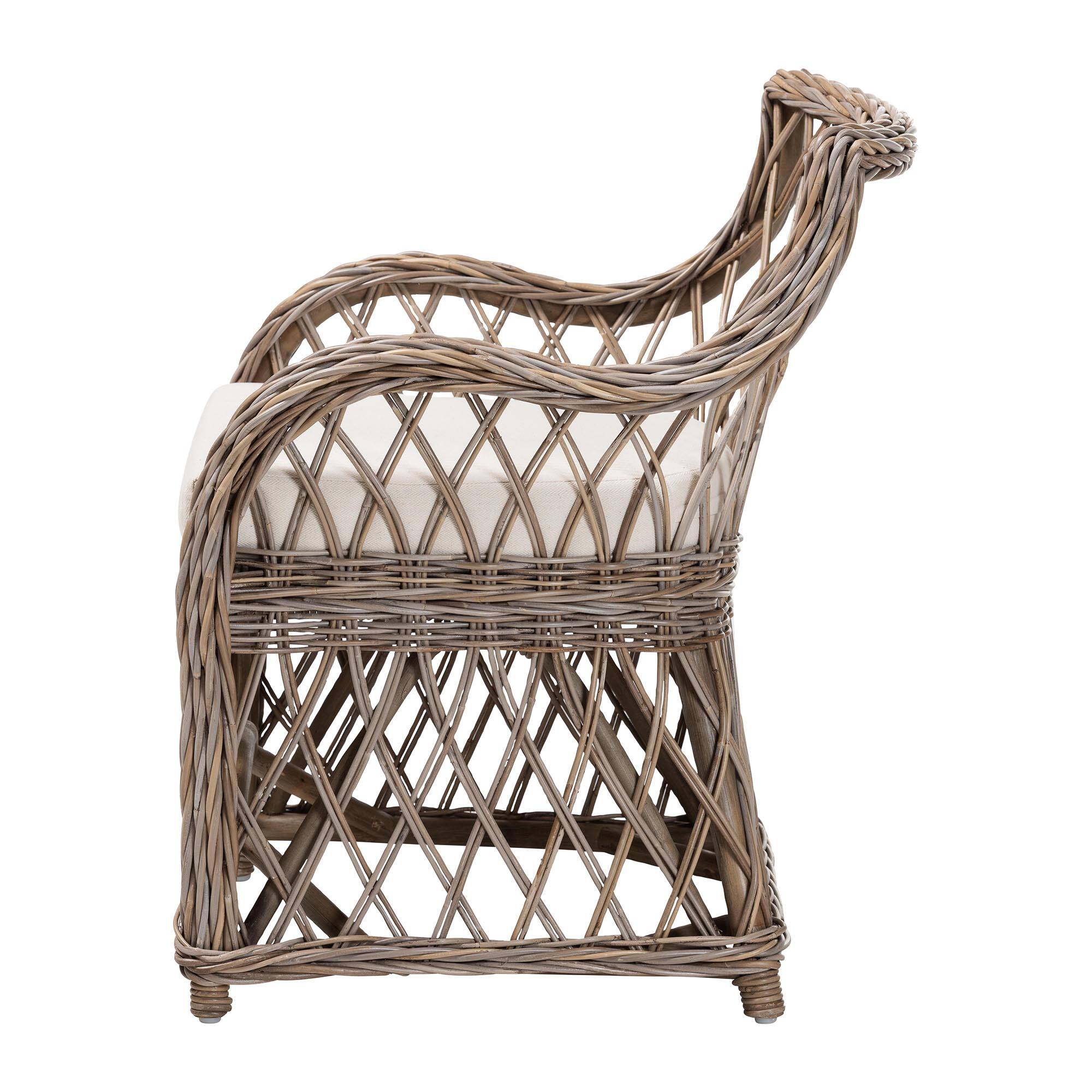 Left. bali & pari - Debra Natural Rattan Armchair – Handwoven Open-Weave Wicker Armchair with Curved Silhouette & Removable Cushion - Kubu Grey.