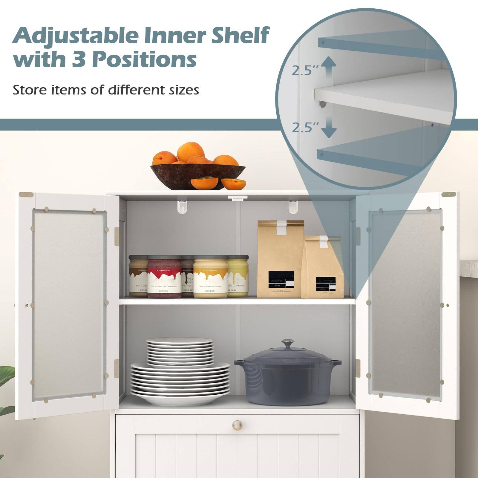 Adjustable Inner Shelf with 3 Positions  
Store items of different sizes  
2.5"  
2.5"