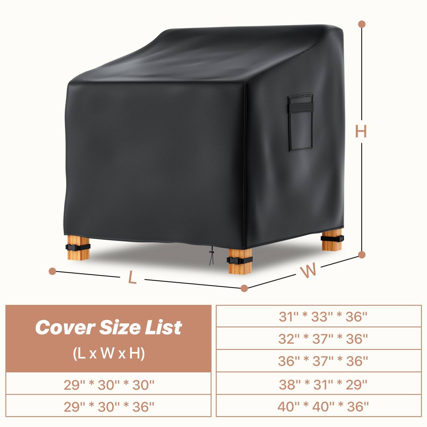 Cover Size List (L x W x H)

- 29" * 30" * 30"
- 29" * 30" * 36"
- 31" * 33" * 36"
- 32" * 37" * 36"
- 36" * 37" * 36"
- 38" * 31" * 29"
- 40" * 40" * 36"