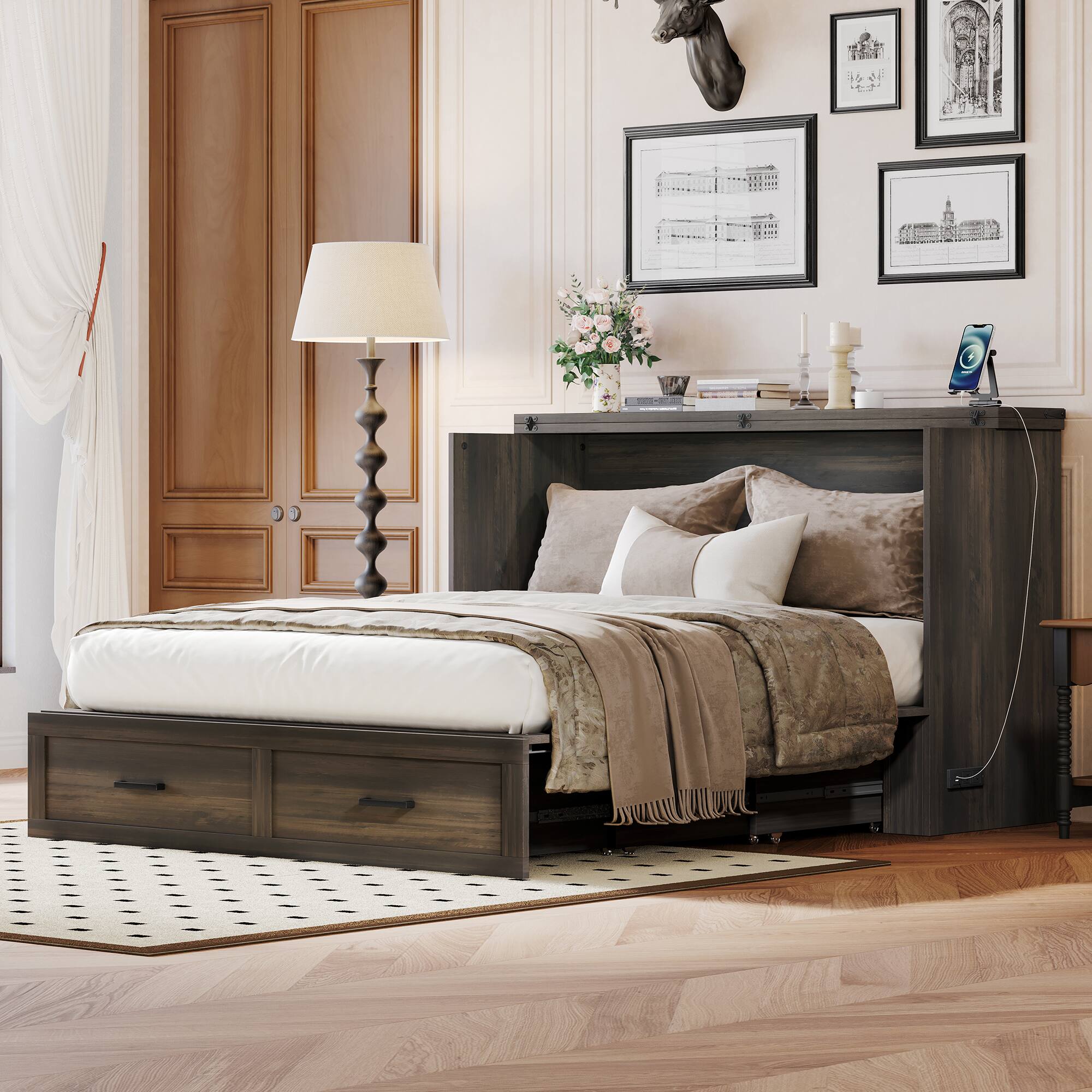 Left. Anysun - Queen Size Farmhouse Murphy Cabinet Bed with Charging Station – Foldable Platform Bed with Large Storage Drawer - Rustic Grey.
