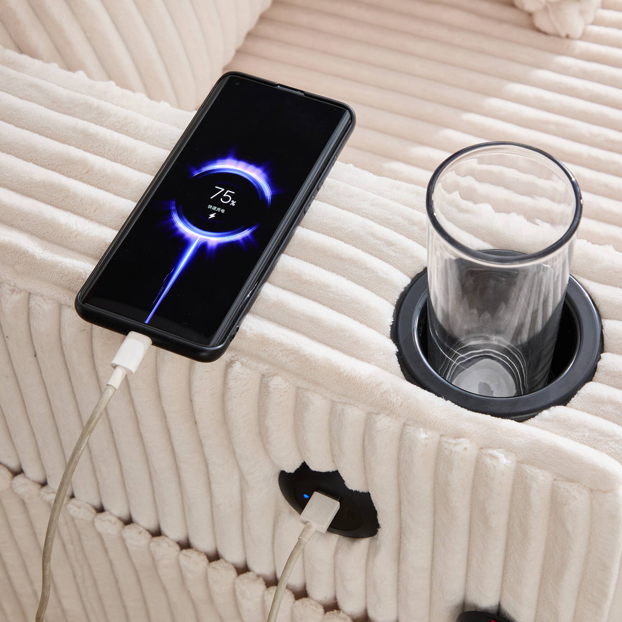 Alt View 8. Trinkets Crazed - Modern Corduroy Oversized Recliner Sofa with Deep Seat, USB Charging,RGB LED Light Strip - Beige.