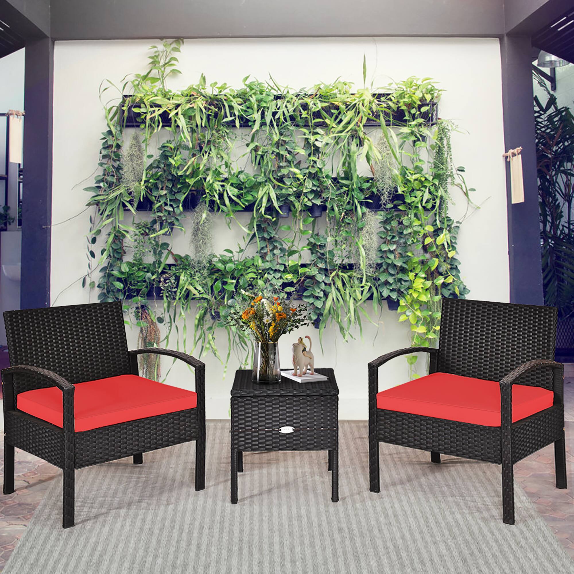 Alt View 1. Costway - Costway 3PCS Patio Rattan Furniture Set Storage Table Cushioned Sofa - Red.