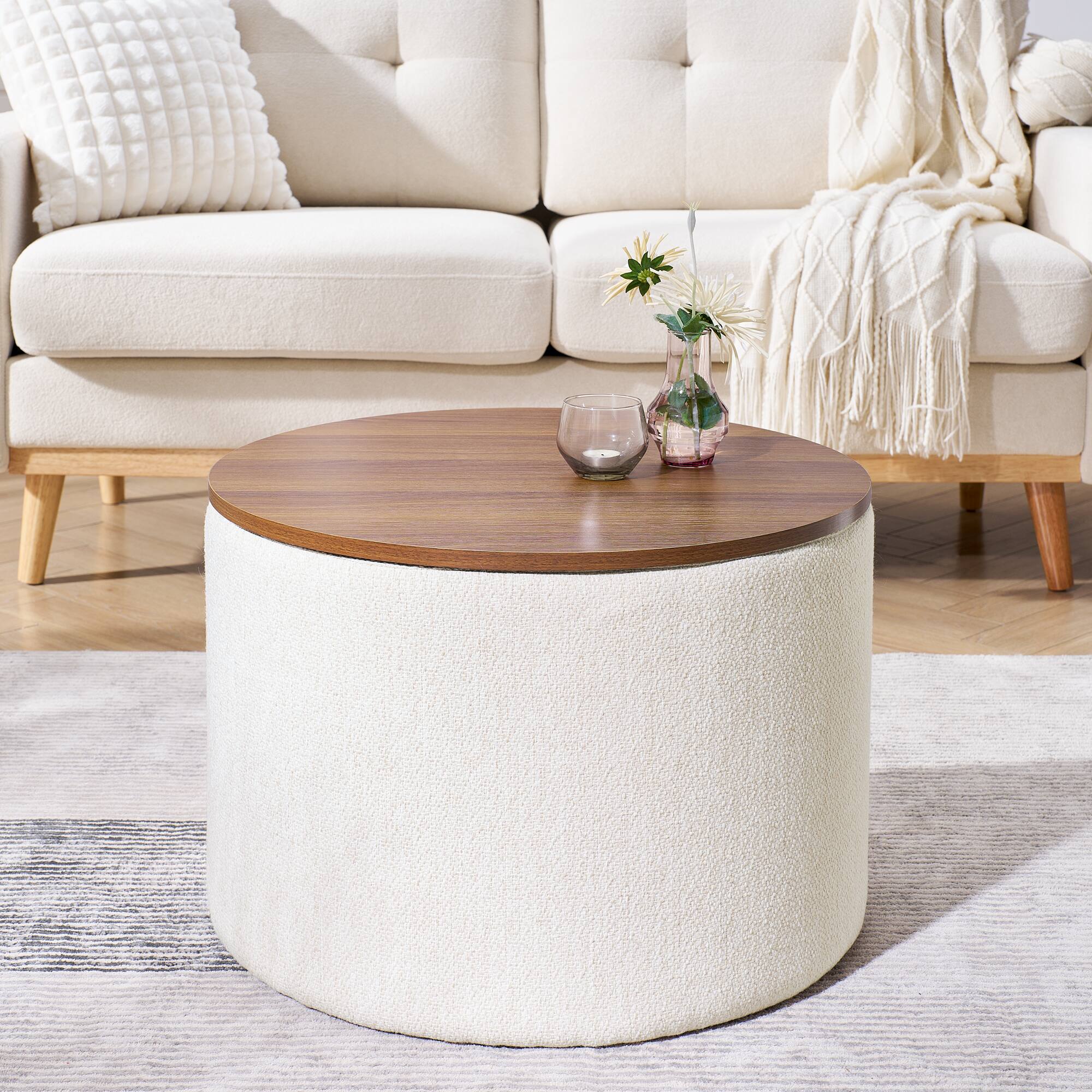 Left. GOODSILO - 2-Piece Round Storage Ottoman Set with Hidden Storage and Detachable Stool, Classic Design for Living Room and Bedroom - Beige.