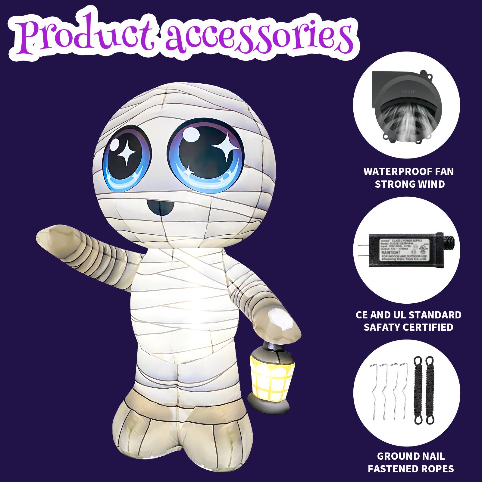 Product accessories

- WATERPROOF FAN STRONG WIND
- CE AND UL STANDARD SAFETY CERTIFIED
- GROUND NAIL FASTENED ROPES