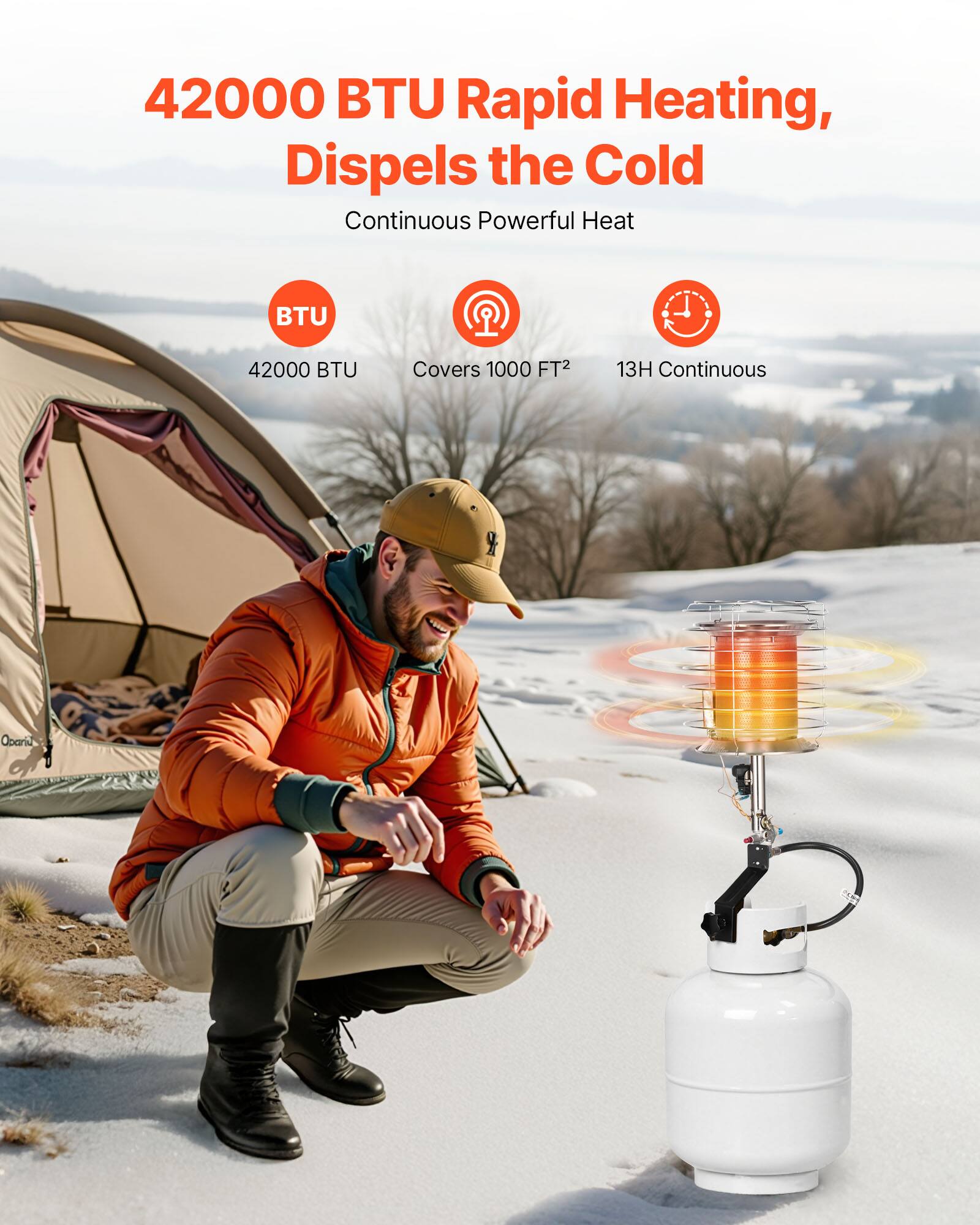 42000 BTU Rapid Heating, Dispels the Cold  
Continuous Powerful Heat  

- 42000 BTU  
- Covers 1000 FT²  
- 13H Continuous