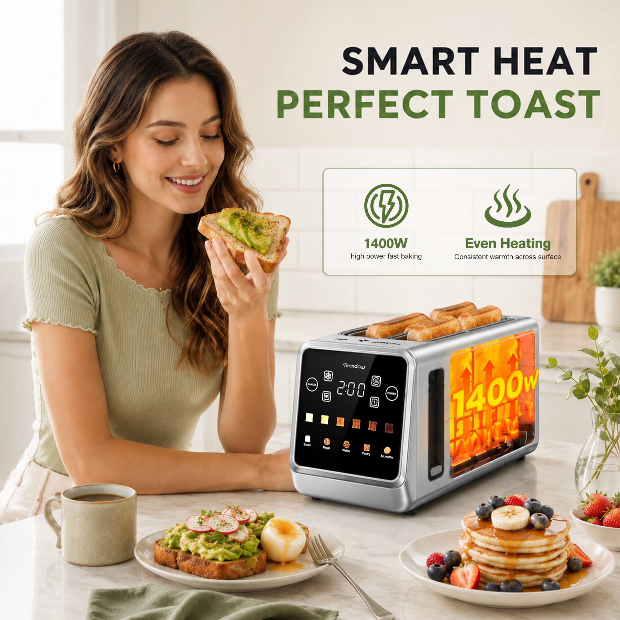 SMART HEAT PERFECT TOAST

1400W high power fast baking
Even Heating Consistent warmth across surface

(XNCEL bec - mopuco), 200 POWER by: York hey hands
1400W FATURALLY 2009
