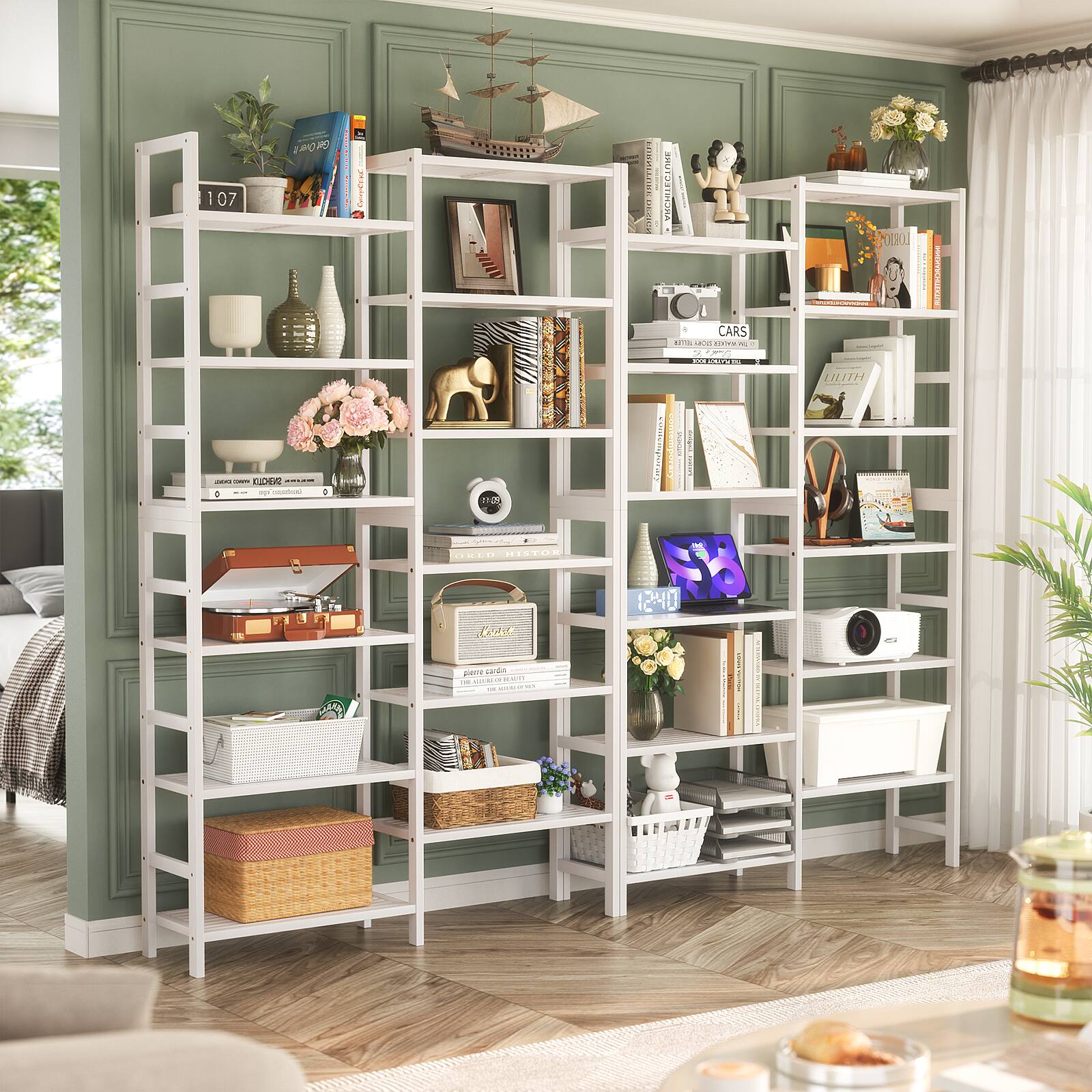 Aheaplus Bamboo Double Wide Bookshelf, 6 Tier Bookshelf with12