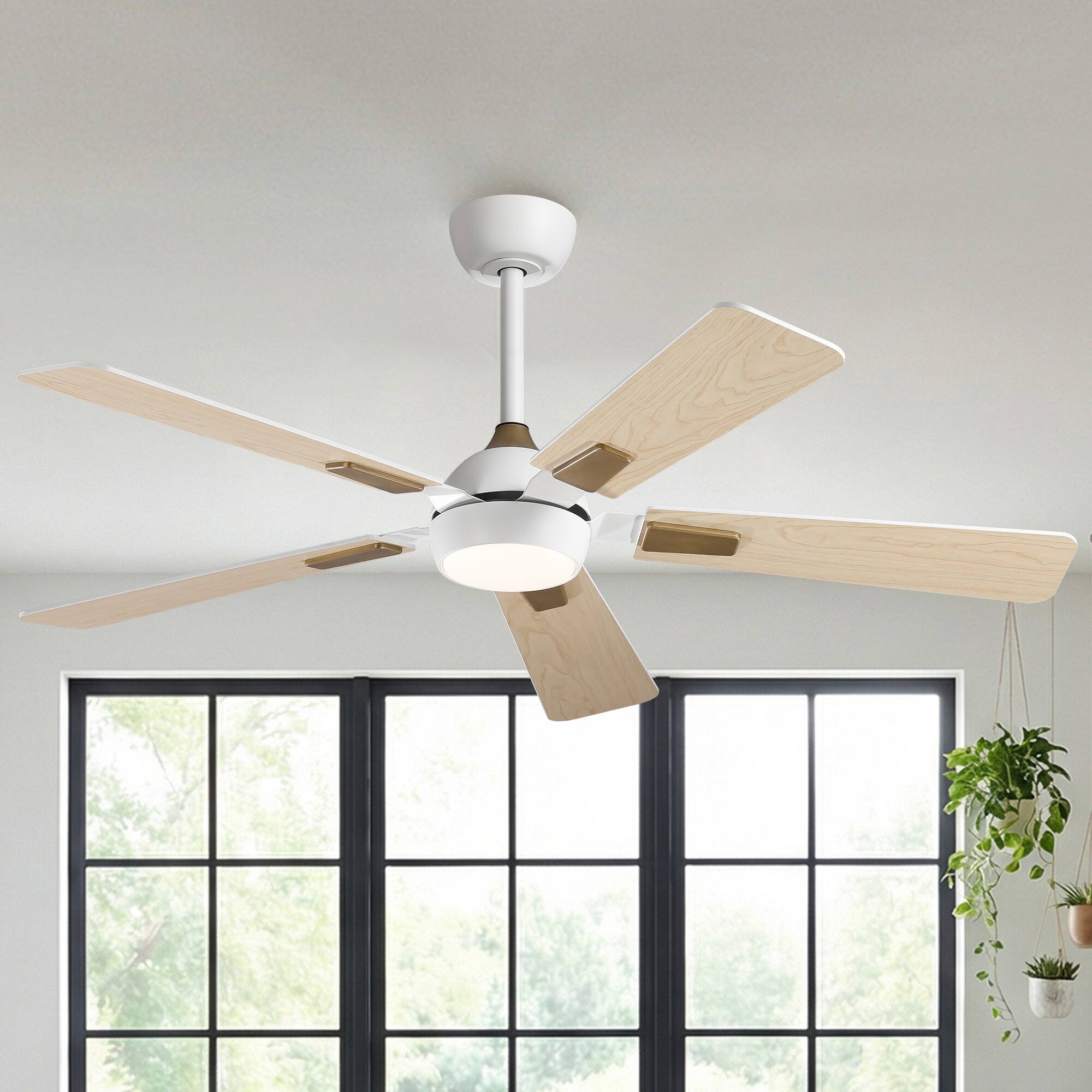 Back. Vaczon - 52 In. Modern Dimmable 3CCT LED Smart Ceiling Fan with Light, Remote and App Control, Double-Sided Blades, 6-Speed - White.