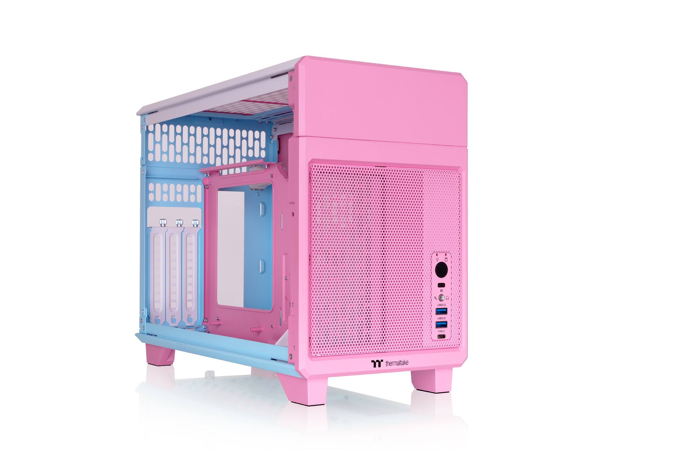 Angle. Thermaltake - TR100 SFF mITX Mini Tower PC Case with PCIe 4.0 Riser Cable Included - Bubble Pink.