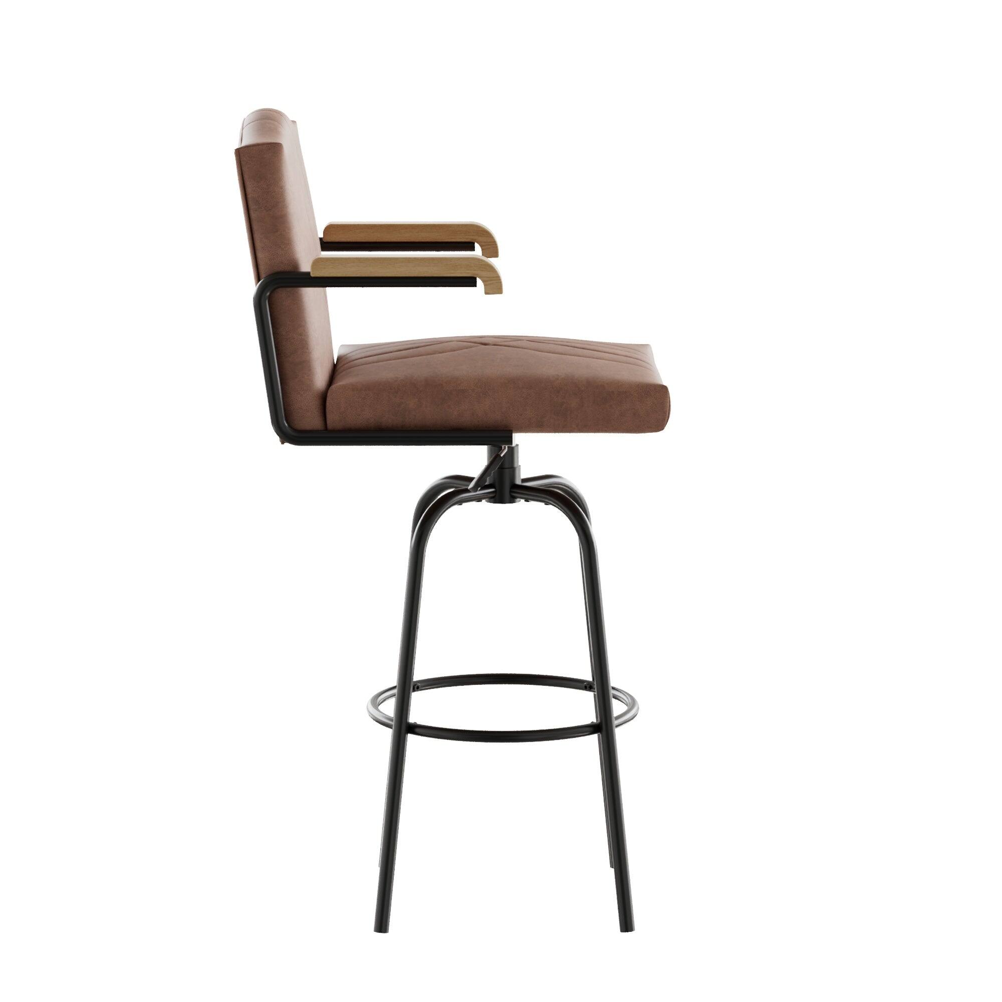 Alt View 1. Vecelo - Brown PU Leather Bar Stool Set Of 2 With Arms -Metal Frame, Wooden Arms And Floor Protectors - Brown.