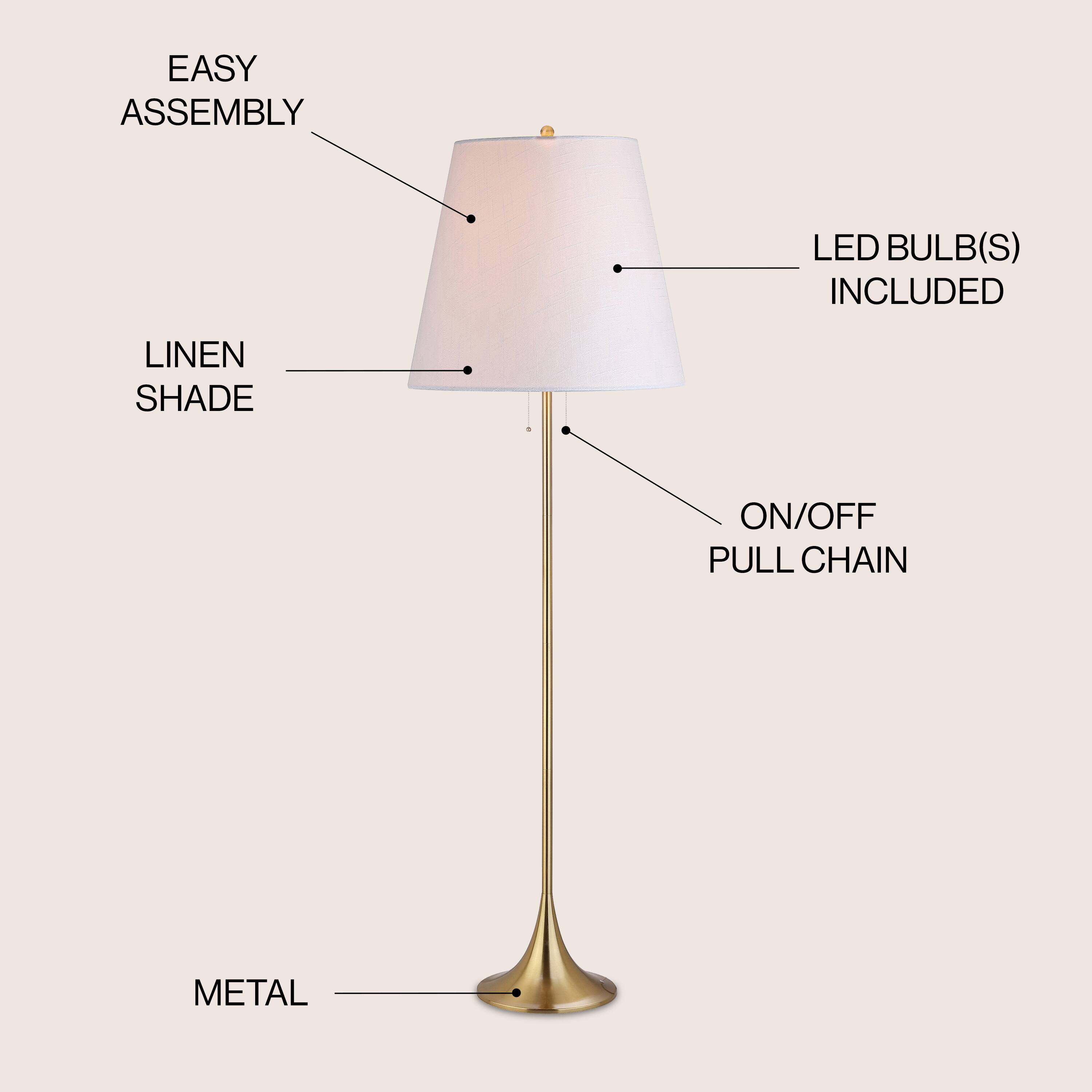 EASY ASSEMBLY LED BULB(S) INCLUDED LINEN SHADE ON/OFF PULL CHAIN METAL