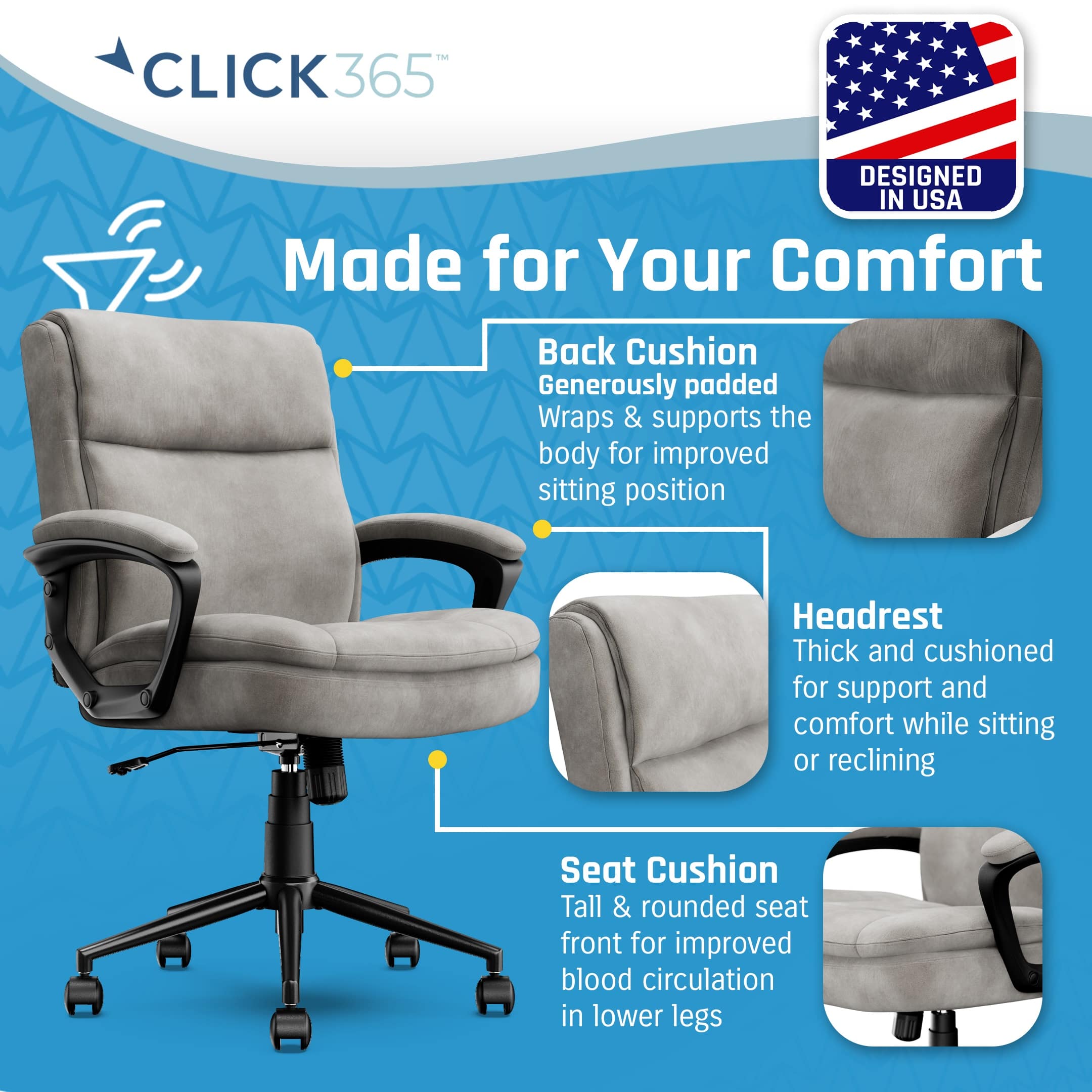 Alt View 11. Click365 - Transform 2.0 Extra Comfort Ergonomic Mid-Back Desk Chair - Light Gray.