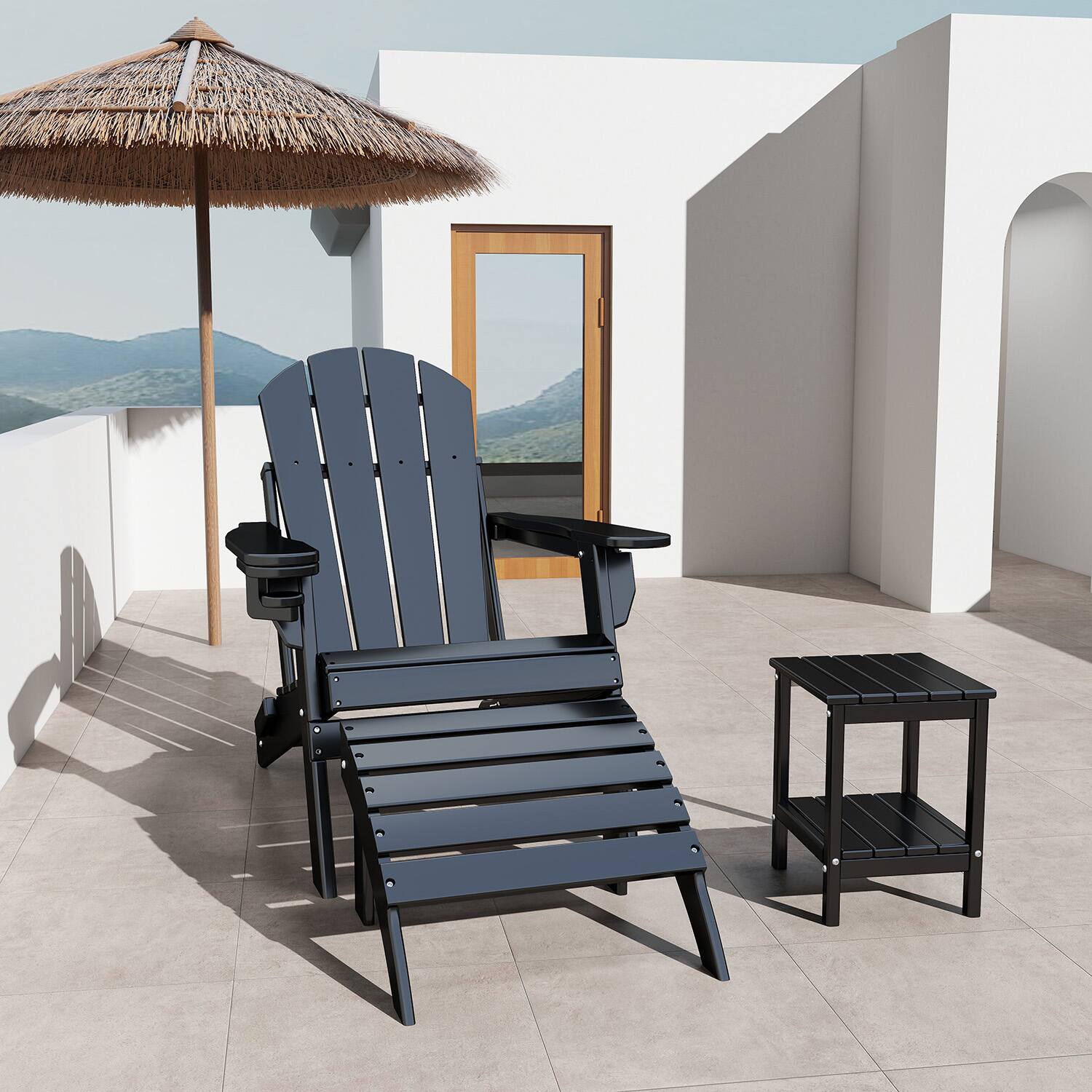 Alt View 2. FODINGHILL - HDPE Adirondack Ottoman Set of 2, All weather Footrest for Patio & Garden - Black.
