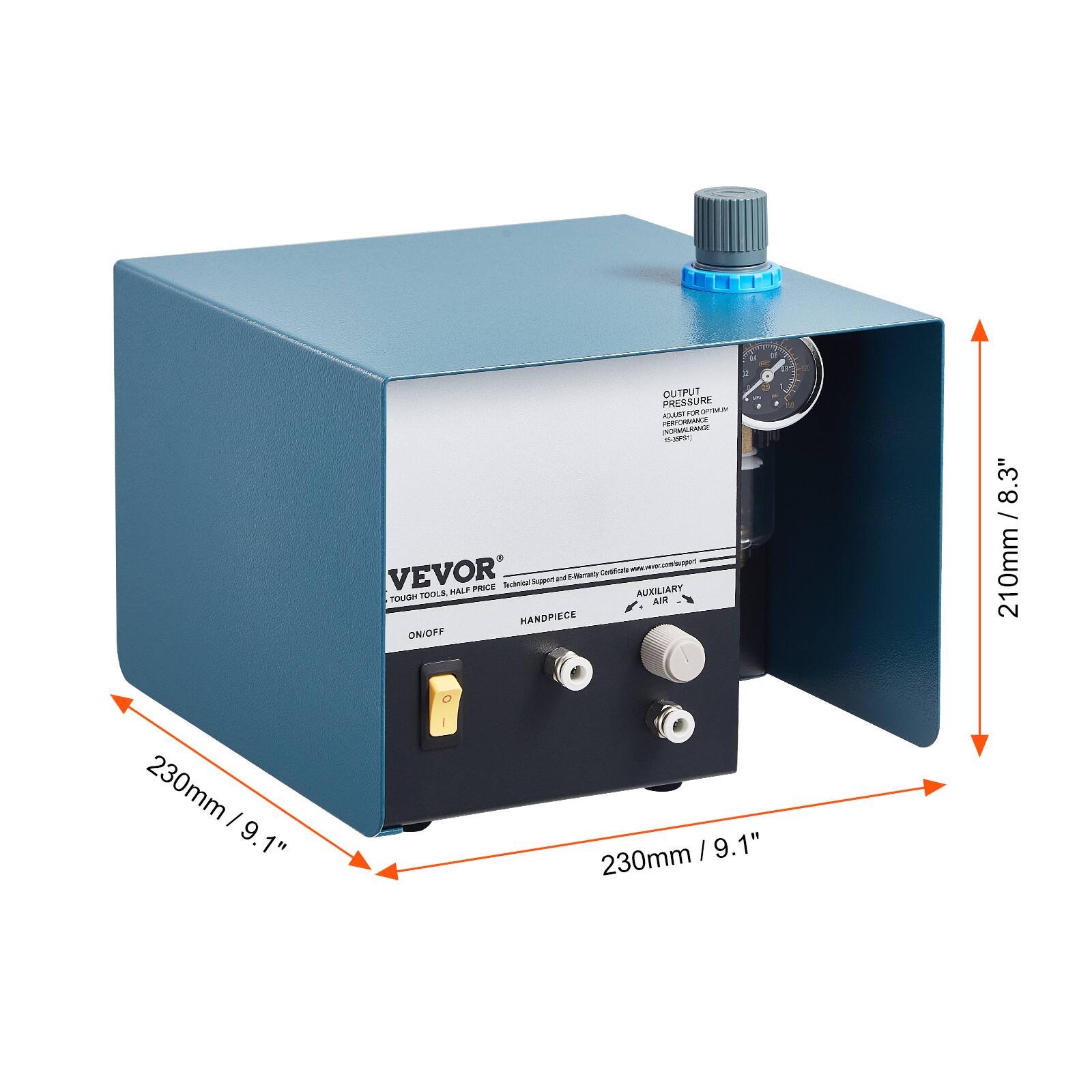 OUTPUT PRESSURE  
AGAUR TE PN ONL AME .19 - - i VEVOR  
Cantrilute C una - Techonel  
TODLA ALF AUDILIART FNUN AIRR HANDPIECE ON/OFF  
8.3" / 210mm  
230mm  
9 1"  
230mm  
9.1"  

VEVOR  
TOUGH TOOLS. HALF PRICE  
Technical Tools and Energy Certificates www.vevor.com/support  

ON/OFF  
HANDPIECE  
AUXILIARY AIR  

210mm / 8.3"  
230mm / 9.1"  
230mm / 9.1"
