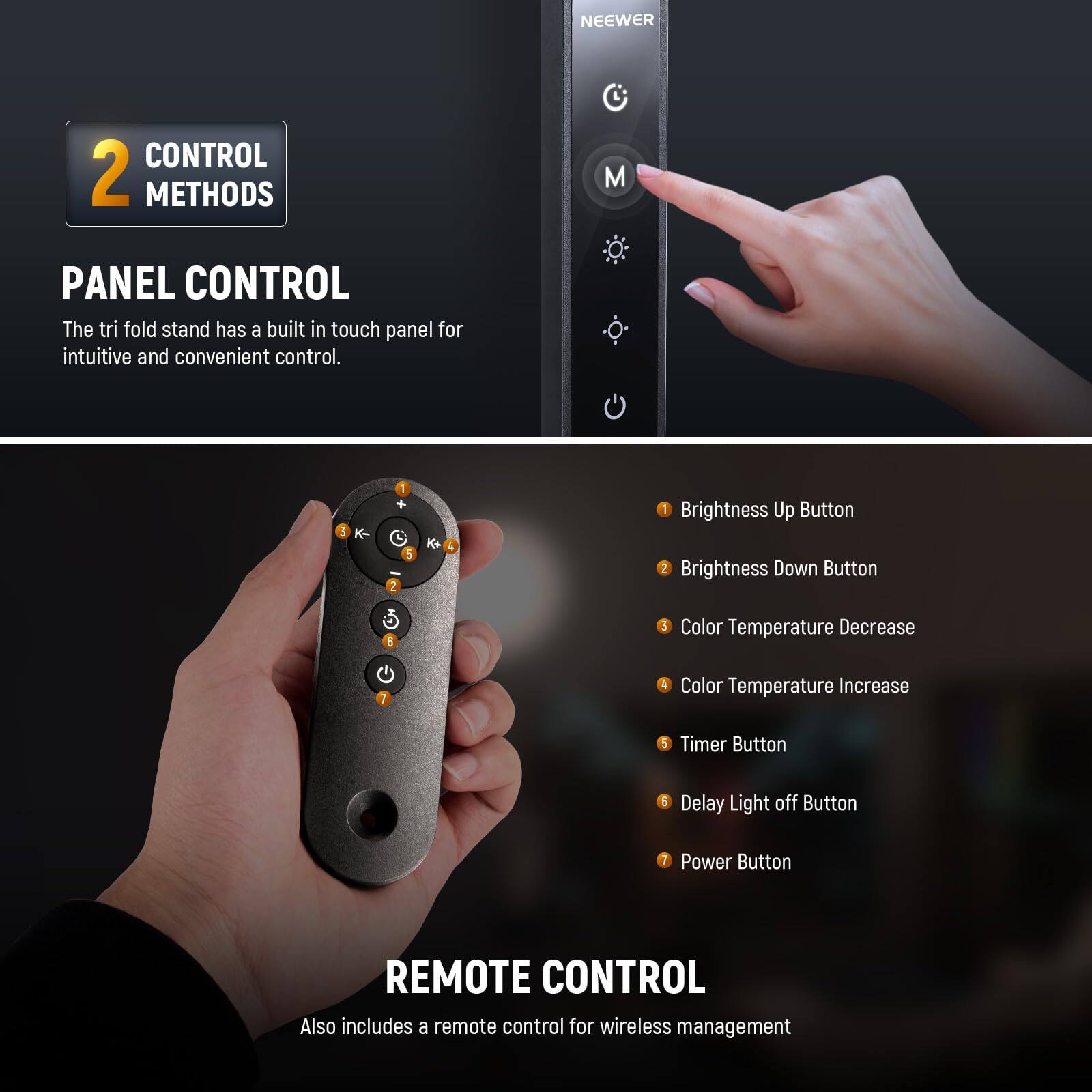 NEEWER CONTROL 2 METHODS

PANEL CONTROL
The tri fold stand has a built in touch panel for intuitive and convenient control.

1. Brightness Up Button
2. Brightness Down Button
3. Color Temperature Decrease
4. Color Temperature Increase
5. Timer Button
6. Delay Light off Button
7. Power Button

REMOTE CONTROL
Also includes a remote control for wireless management