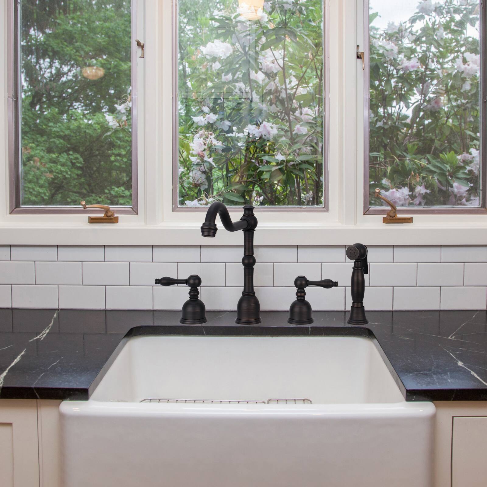 Alt View 4. Akicon - Akicon Solid Brass Two-Handles 360° Swivel Widespread Kitchen Faucet with Side Sprayer in Oil Rubbed Bronze - Oil Rubbed Bronze.