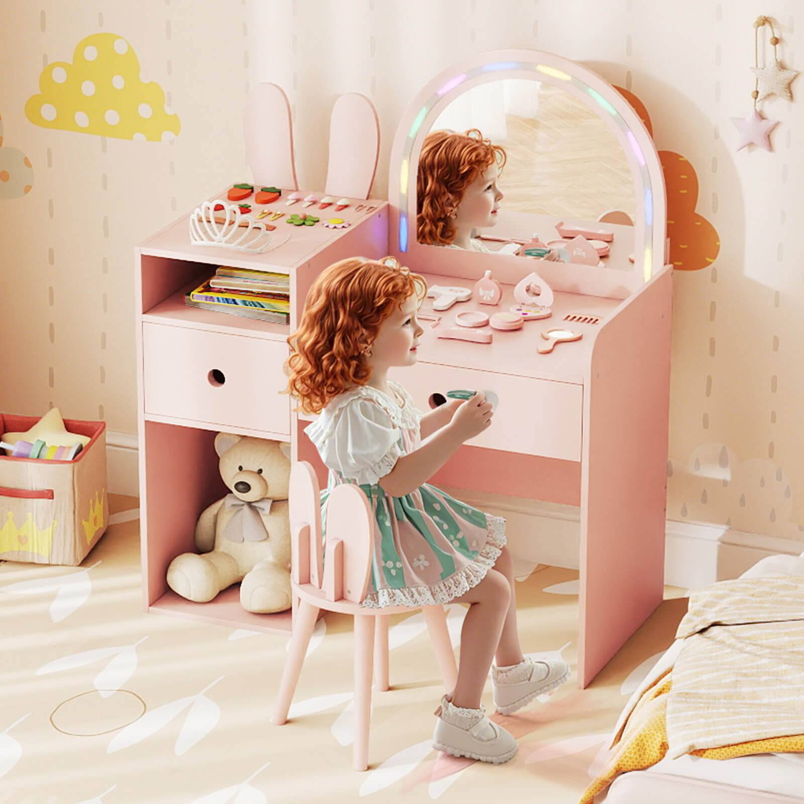 Alt View 4. Costway - Costway Princess Bunny Makeup Table with Lighted Mirror, Open Shelves and Storage Drawers - Pink.