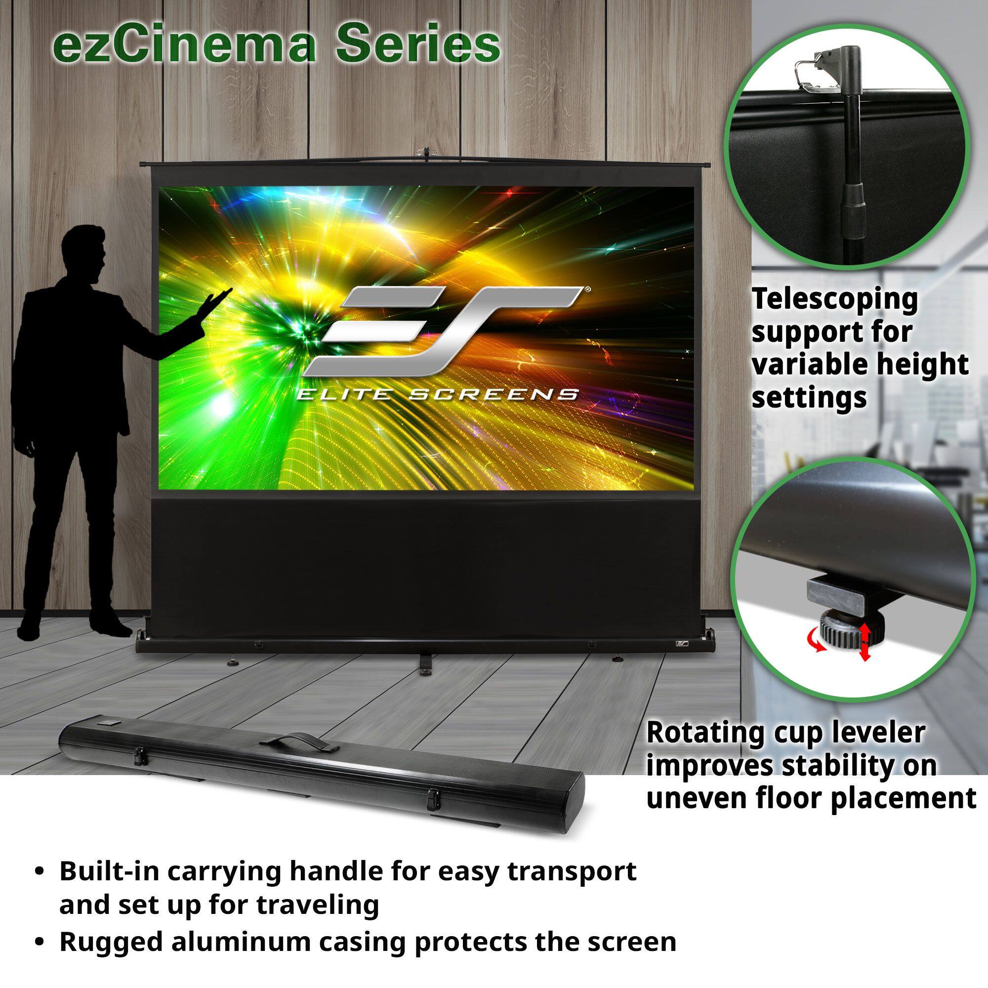 ezCinema Series

- Telescoping support for variable height settings
- Rotating cup leveler improves stability on uneven floor placement
- Built-in carrying handle for easy transport and set up for traveling
- Rugged aluminum casing protects the screen