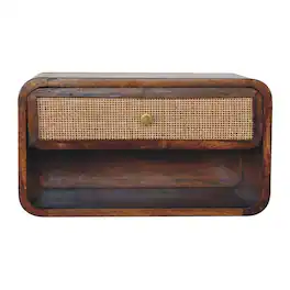 Artisan Furniture - Solid Wood Wall Mounted Woven Bedside, 1 Drawer, 1 Open Slot, Beige and Brown - Chestnut