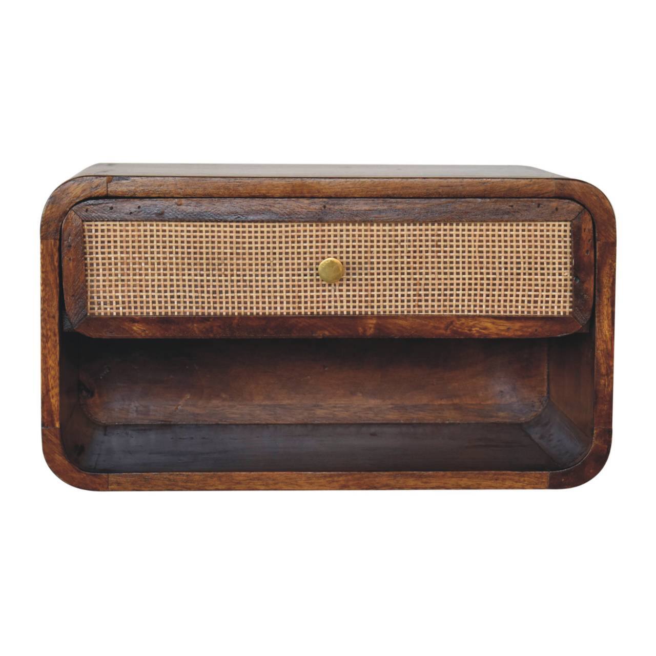 Front. Artisan Furniture - Artisan Furniture Solid Wood Chestnut Wall Mounted Woven Bedside, 1 Drawer, 1 Open Slot, Beige and Brown - Chestnut.