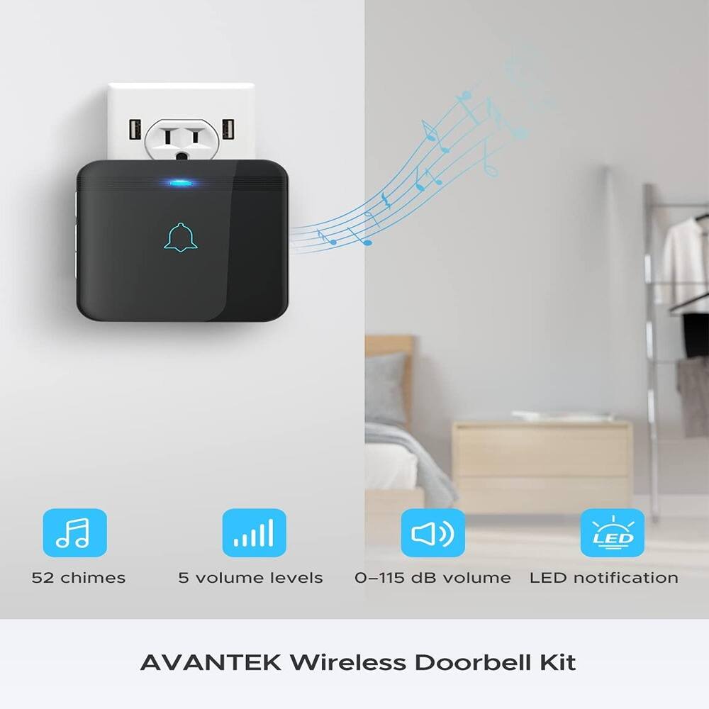 AVANTEK Wireless Doorbell Kit

- 52 chimes
- 5 volume levels
- 0-115 dB volume
- LED notification