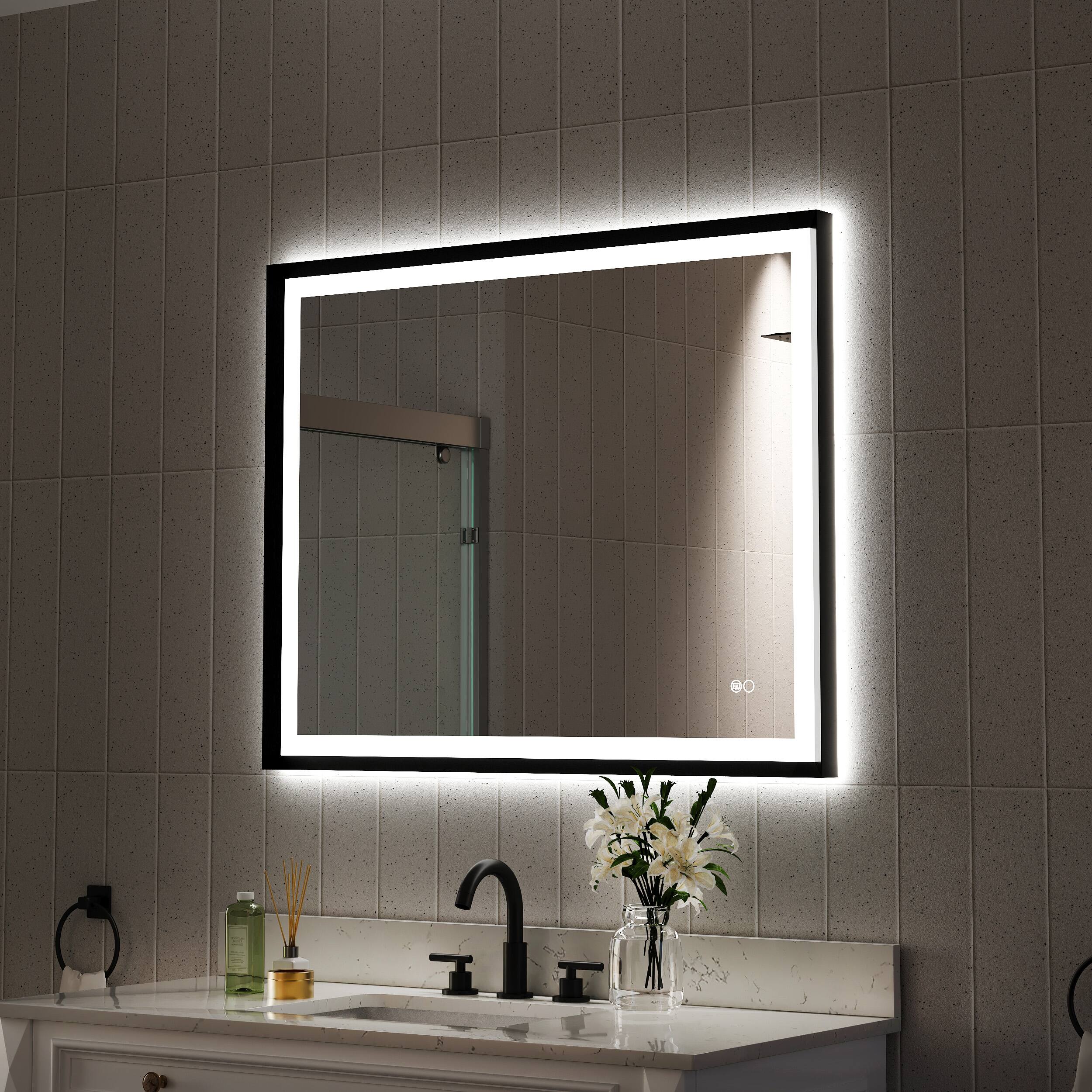 Left. WELLFOR - 40 in W x 32 in. H Rectangular Single Aluminum Framed Anti-Fog LED Light Wall Bathroom Vanity Mirror - Matte Black.