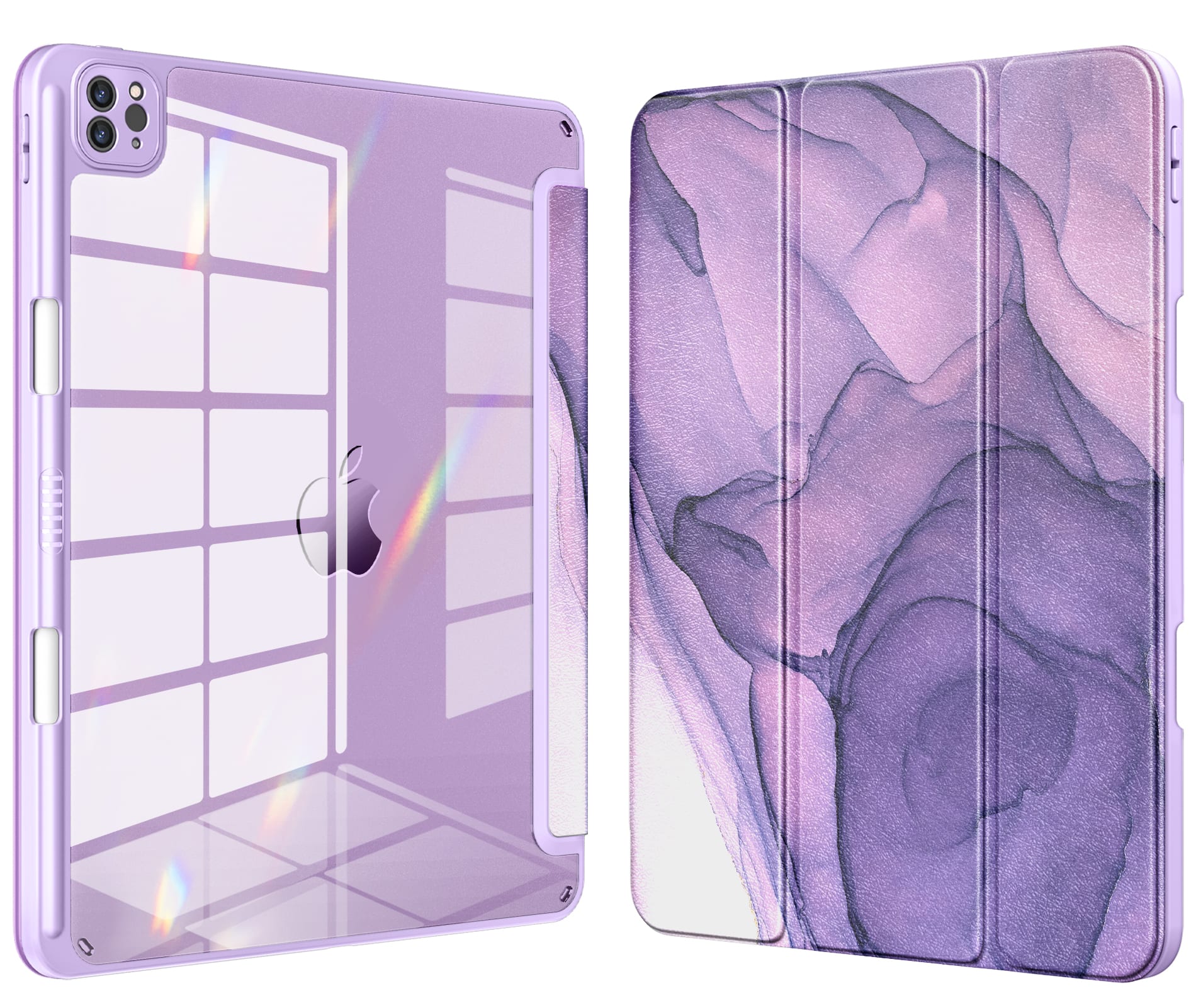 Front. DTTO - Case​ for iPad Air 13" (M2/M3) and iPad Pro 12.9" (3rd/4th/5th/6th Gen) ,Clear Back Cover with Built-in Pencil Holder - Purple Marble.