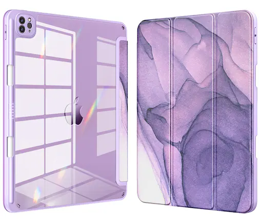 Front. DTTO - Case for iPad Air 13" (M2/M3) and iPad Pro 12.9" (3rd/4th/5th/6th Gen) ,Clear Back Cover with Built-in Pencil Holder - Purple Marble.