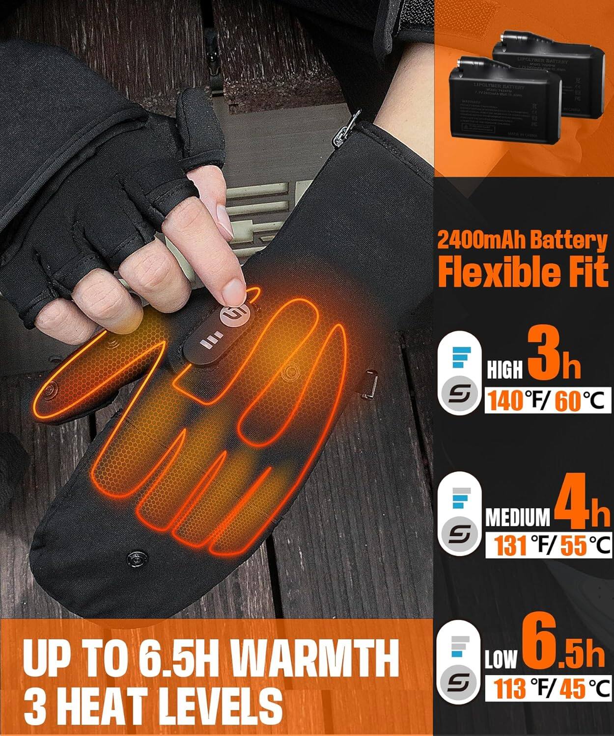 LIPOLTRES ESPOLYM BATTERY  
2400mAh Battery Flexible Fit  

- HIGH: 3h  
  140°F / 60°C  

- MEDIUM: 4h  
  131°F / 55°C  

- LOW: 6.5h  
  113°F / 45°C  

UP TO 6.5H WARMTH  
3 HEAT LEVELS