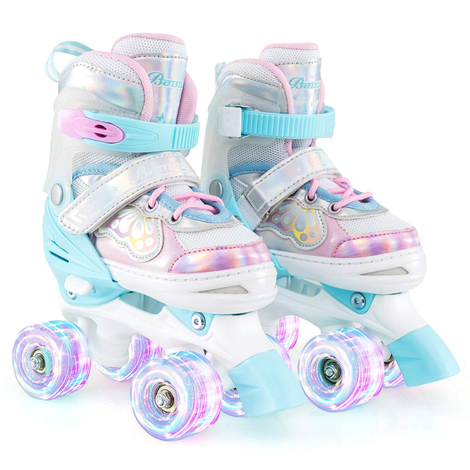 Costway - Kids Roller Skates 4 Sizes Adjustable Quad Skates with Light-up Wheels for Ages 5-8 - Blue