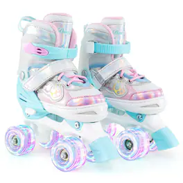Costway - Kids Roller Skates 4 Sizes Adjustable Quad Skates with Light-up Wheels for Ages 5-8 - Blue