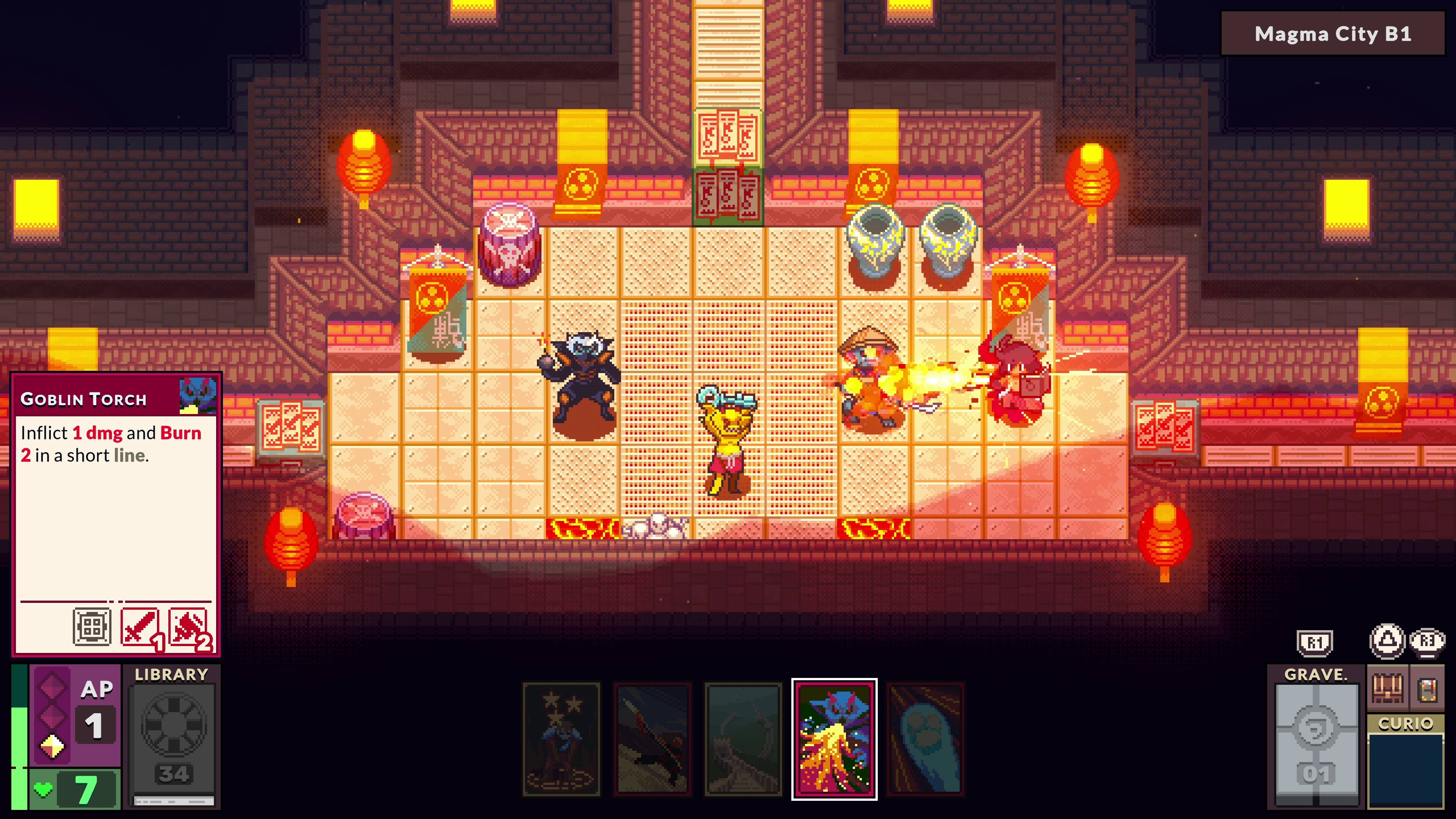 Magma City B1 i5 x o   GOBLIN TORCH Inflict 1 dmg and Burn 2 in a short line.  R1 A  LIBRARY AP 1 GRAVE. CURIO 7 34