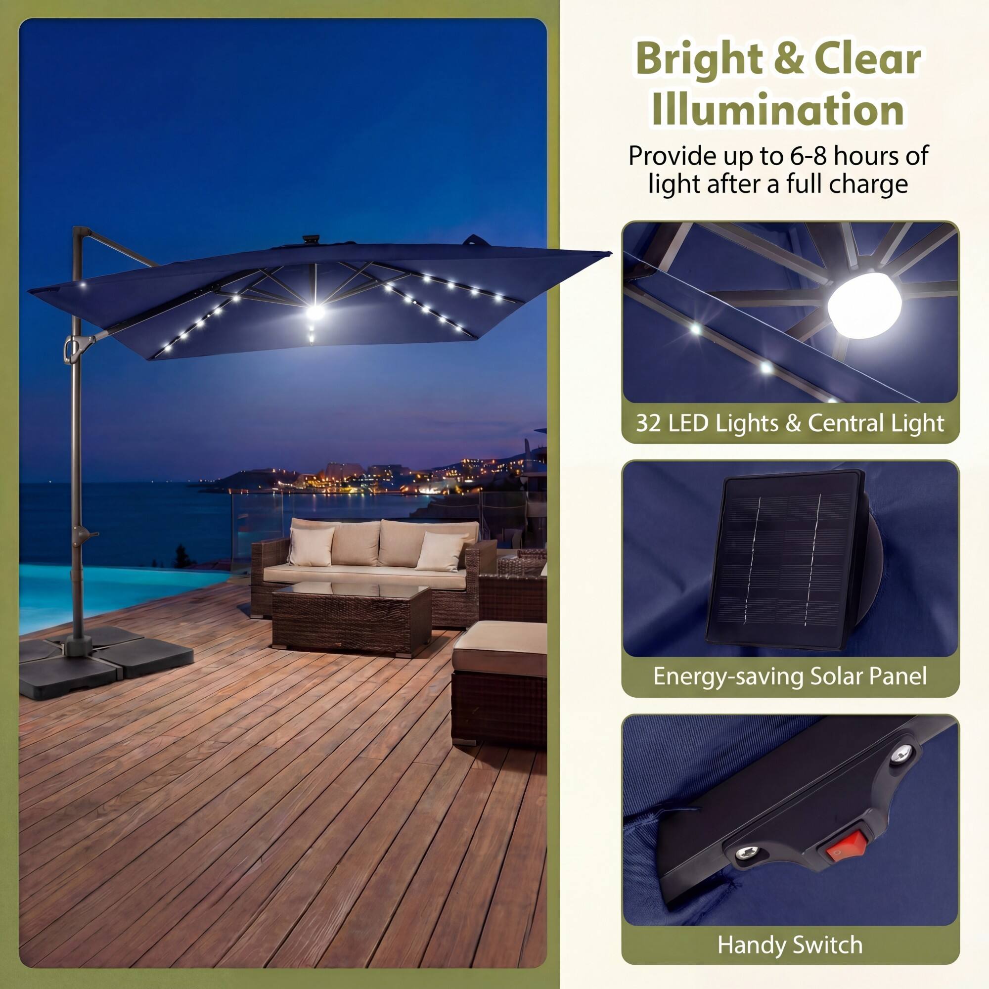 Bright & Clear Illumination  
Provide up to 6-8 hours of light after a full charge  
32 LED Lights & Central Light  
Energy-saving Solar Panel  
Handy Switch