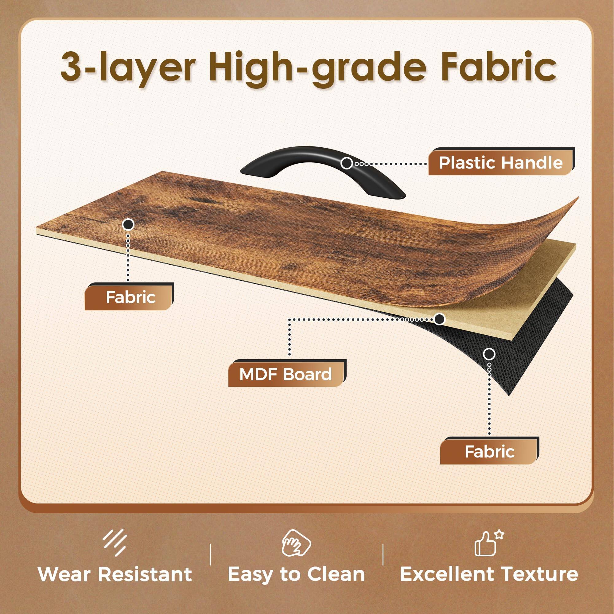 3-layer High-grade Fabric

- Fabric
- MDF Board
- Fabric
- Plastic Handle

Features:
- Wear Resistant
- Easy to Clean
- Excellent Texture