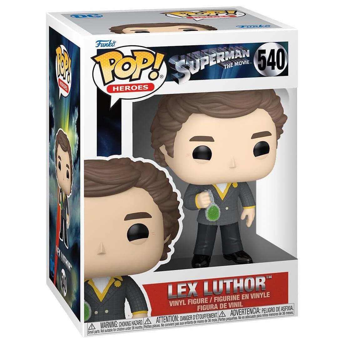 Funko POP! SUPERMAN THE MOVIE 540 LEX LUTHOR" / FIGURINE EN VINYLE VINYL FIGURE VINIL FIGURA DE ASFIXIA ADVERTENCIA: PELIGRO DE A menores de 56 meses D'TOUFFEMENT. ATTENTION: DANGER O Partes pequerias. l a A nors de 36 mois WARNING: CHOKING Petites pilces. le convient pes chicren under M months M sutable br Small pats