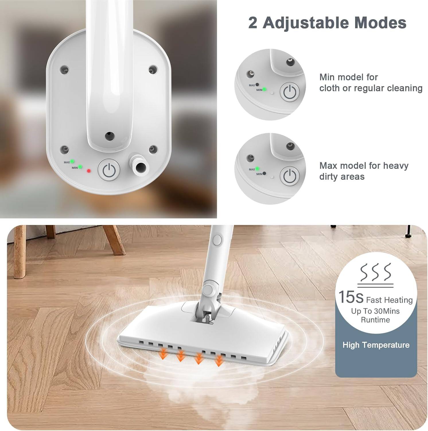 2 Adjustable Modes

Min model for cloth or regular cleaning

Max model for heavy dirty areas

15s Fast Heating Up To 30Mins Runtime

High Temperature