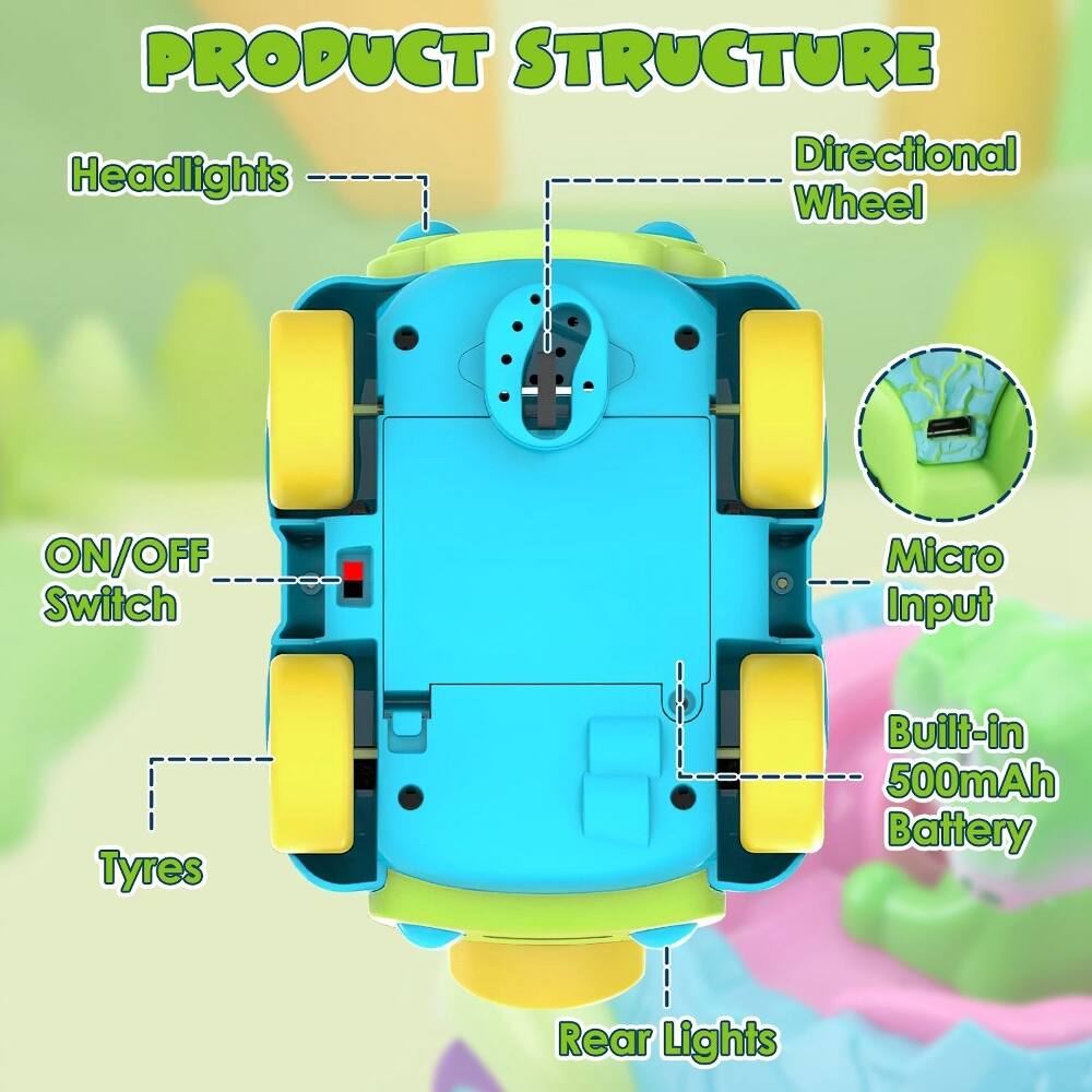 PRODUCT STRUCTURE

- Directional Wheel
- Headlights
- ON/OFF Switch
- Micro Input
- Tyres
- Built-in 500mAh Battery
- Rear Lights