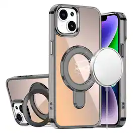 Kitcheniva - Radiant Chrome Magnetic Circle Stand Phone Case With Tempered Glass For iPhone 13/14 - Black