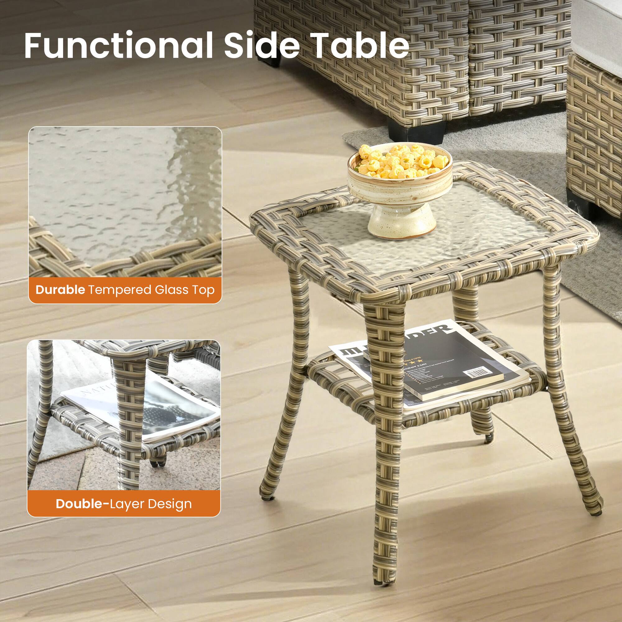Functional Side Table  
Durable Tempered Glass Top  
Double-Layer Design