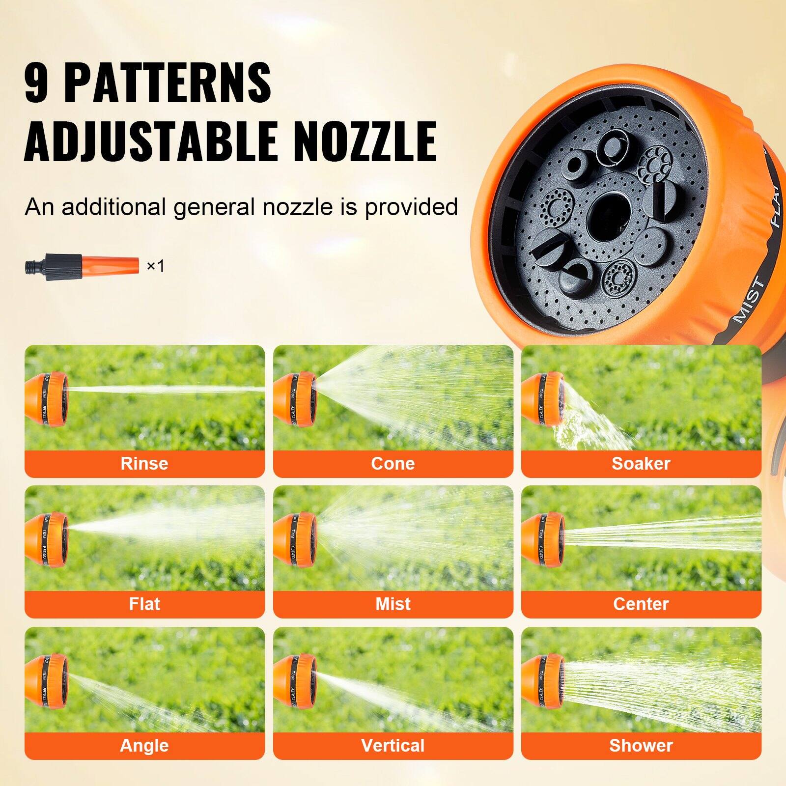 9 PATTERNS  
ADJUSTABLE NOZZLE  

An additional general nozzle is provided x1  

- Rinse  
- Cone  
- Soaker  
- Flat  
- Mist  
- Center  
- Angle  
- Vertical  
- Shower