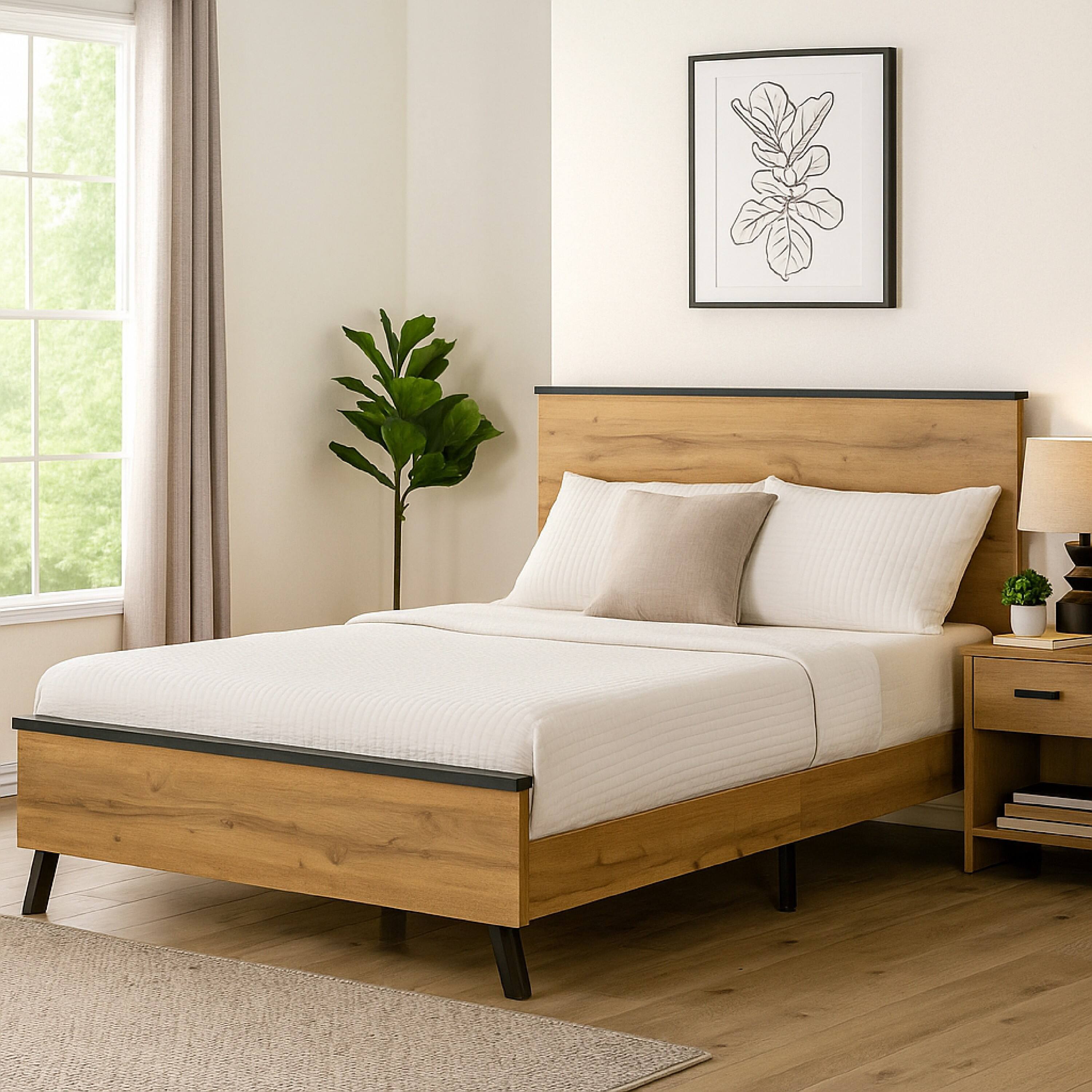 Alt View 5. Manhattan Lane - Wemy Queen Size Bed, Tall Panel Headboard, Natural Brown Pine Finish - Brown, Black.
