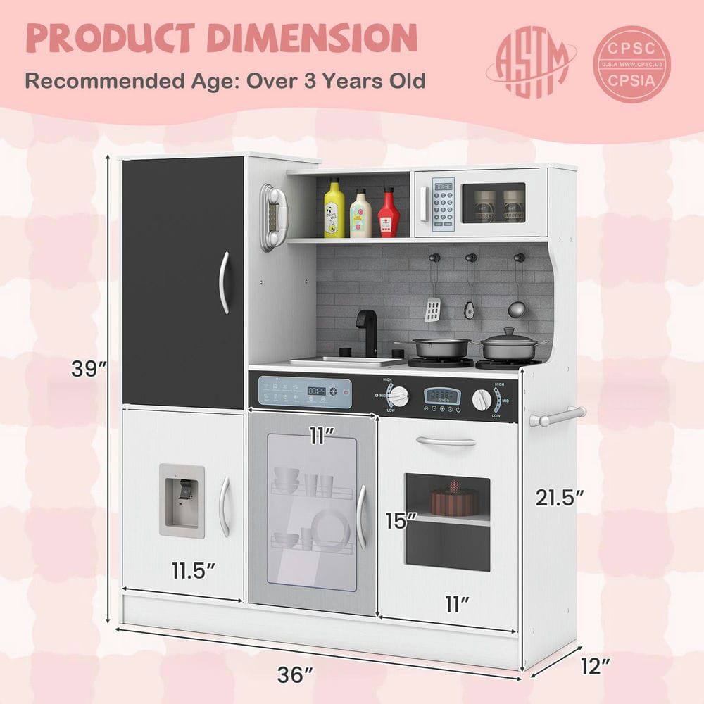 PRODUCT DIMENSION  
Recommended Age: Over 3 Years Old  

- Height: 39"  
- Width: 36"  
- Depth: 12"  
- Oven Height: 11"  
- Oven Width: 15"  
- Oven Depth: 11"  
- Sink Height: 11.5"  
- Sink Width: 21.5"  

ASTM  
CPSIA  
CPSIA